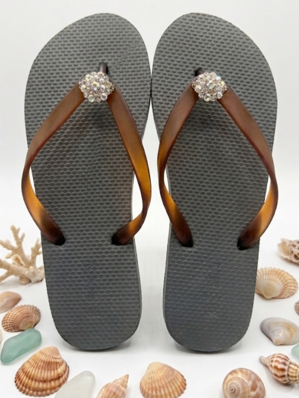 Esny Embellished Brown Strap Gray Flip Flops Size 8